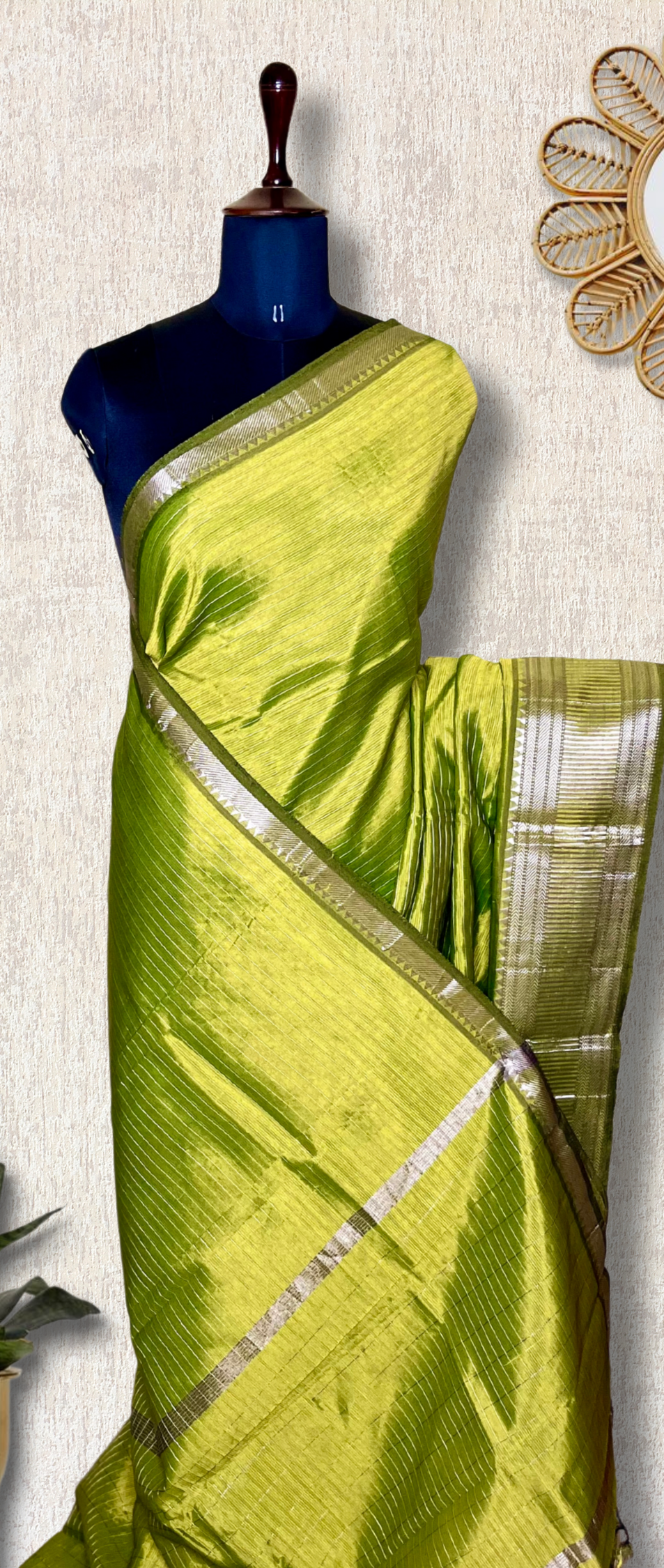 Handwoven Silk Cotton Saree - Lime Green + Silver