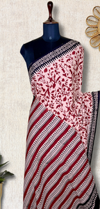 Handblock Printed Cotton Saree - Soft Pink + Flush Maroon