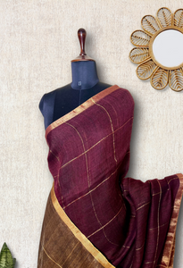 Handwoven Linen Saree - Cocoa Brown + Golden Zari