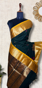 Kanchi Cotton Saree - Deep Green + Fuel Yellow