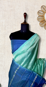 Load image into Gallery viewer, Handwoven Mangalgiri Silk Cotton Saree - Aqua Green + Havelock Blue
