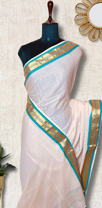 Handwoven Cotton Saree - Seashell white + Blue Green Chill