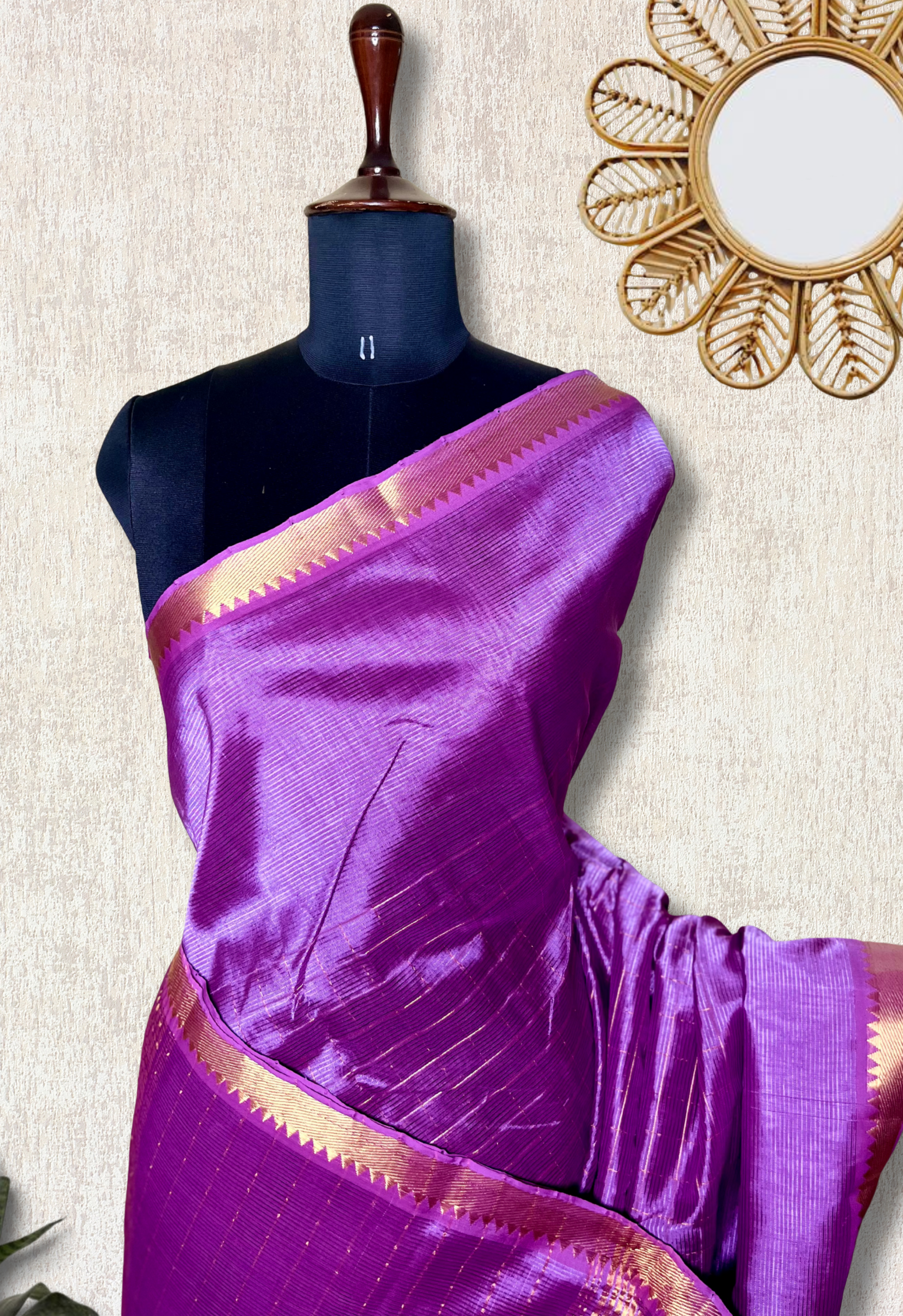 Handwoven Mangalgiri Silk Cotton Saree - Bright Lavender + Gold