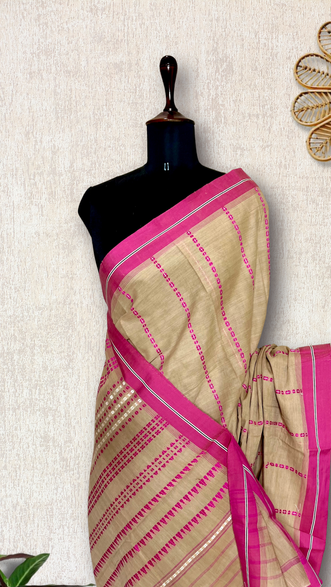 Handwoven Begampuri Cotton Saree - Cashmere Beige + Brilliant Rose