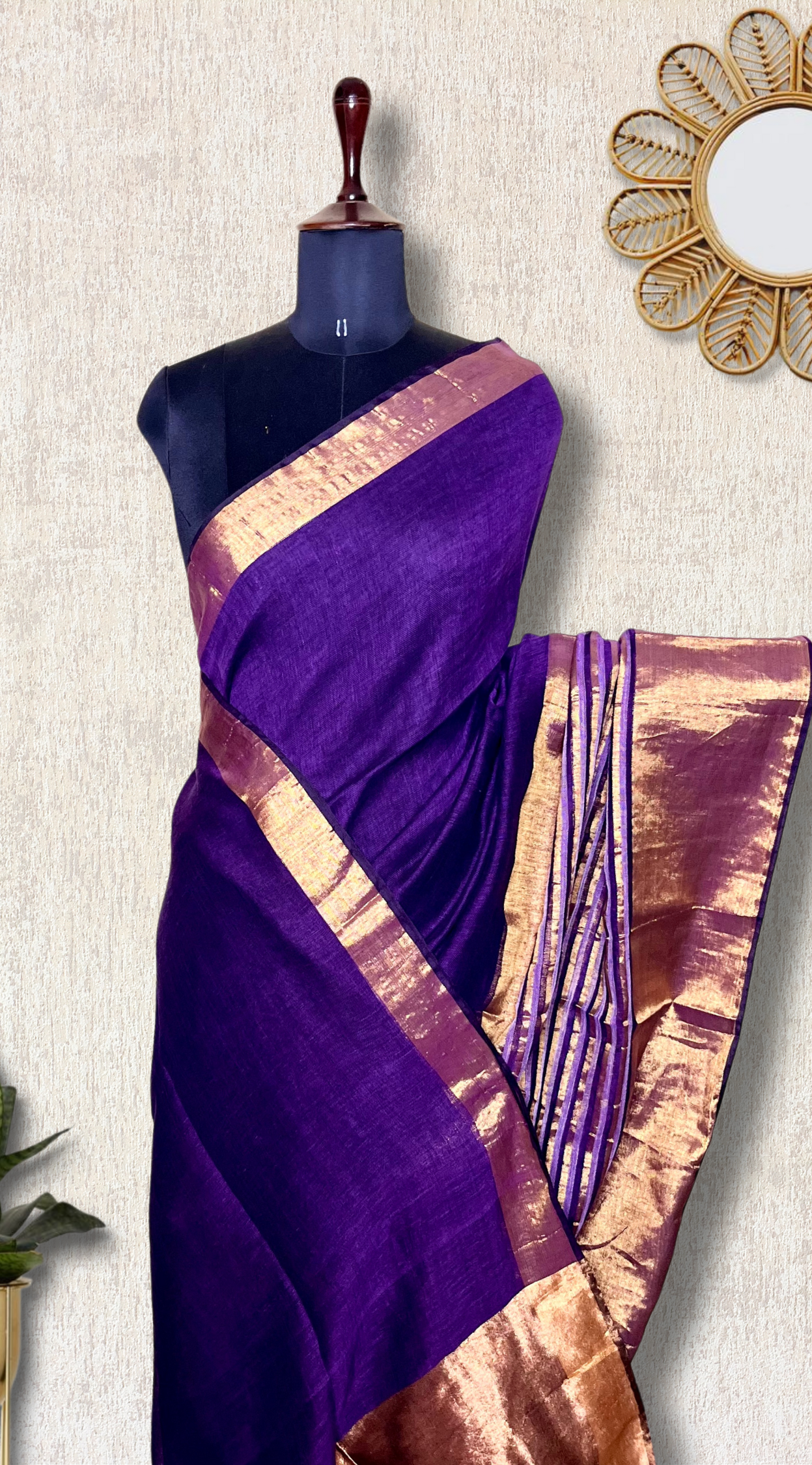 Handwoven Linen Saree - Persian Violet + Gold