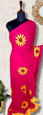 Load image into Gallery viewer, Hand Painted Cotton Saree - Cerise Rose + Corn Yellow
