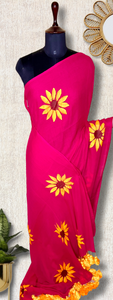 Hand Painted Cotton Saree - Cerise Rose + Corn Yellow