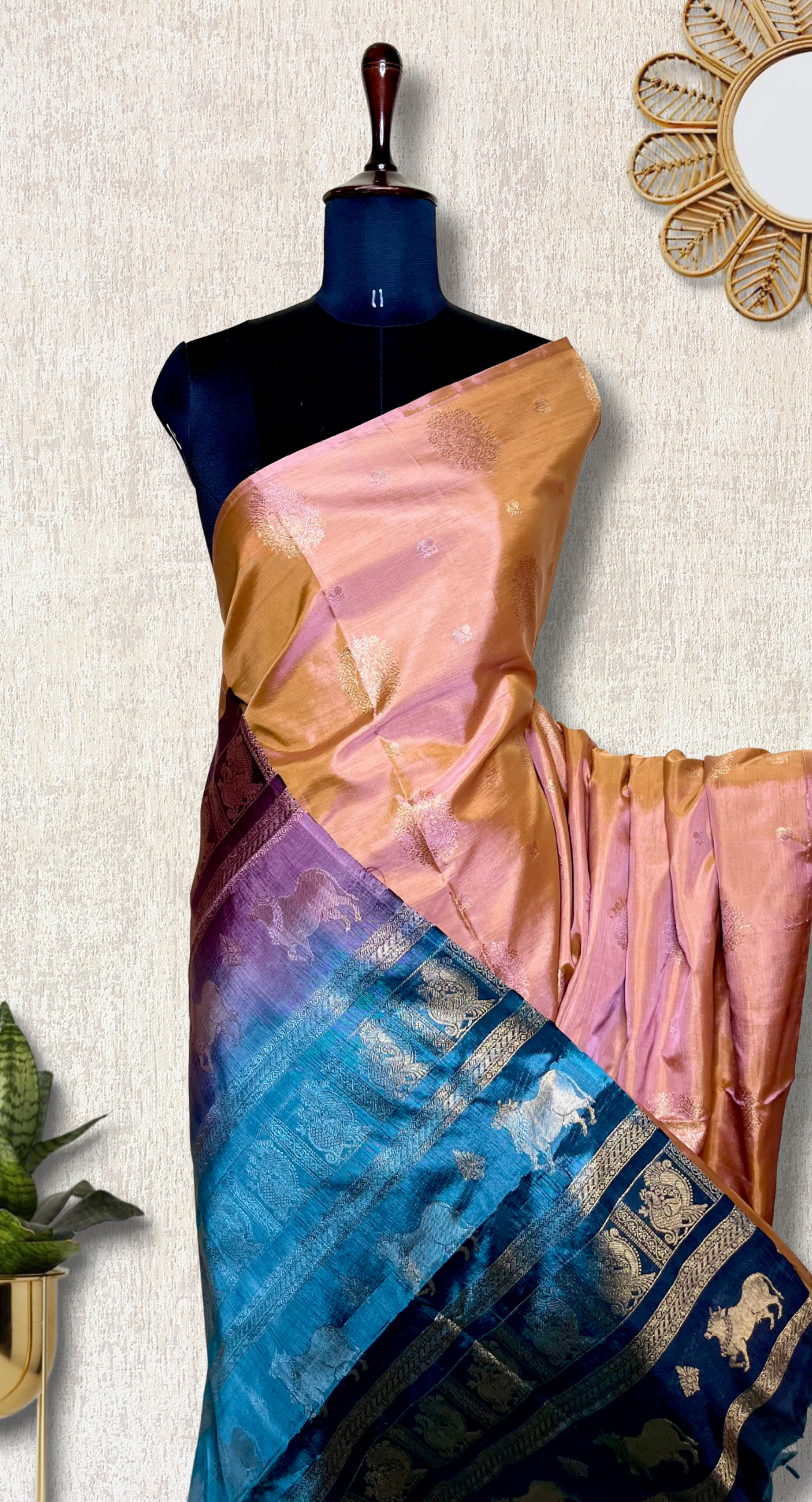 Handwoven Art Silk Saree - Vivid Apricot +  Eastern Blue