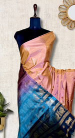 Load image into Gallery viewer, Handwoven Art Silk Saree - Vivid Apricot +  Eastern Blue

