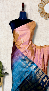 Handwoven Art Silk Saree - Vivid Apricot +  Eastern Blue