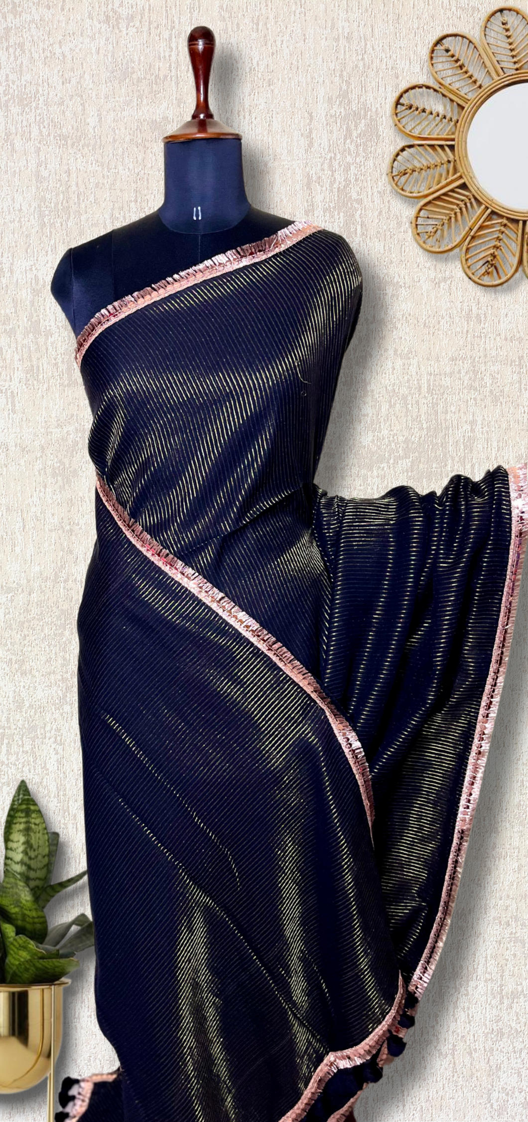 Handwoven Cotton Saree -  Pearl Black + Gold