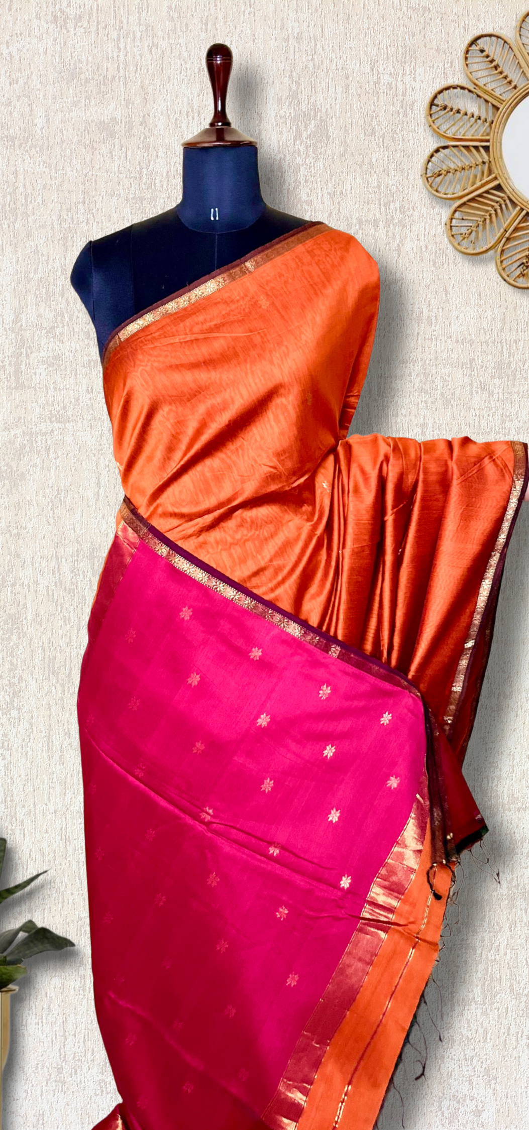 Handwoven Maheshwari Silk Cotton Saree - Orange + Cerise Red