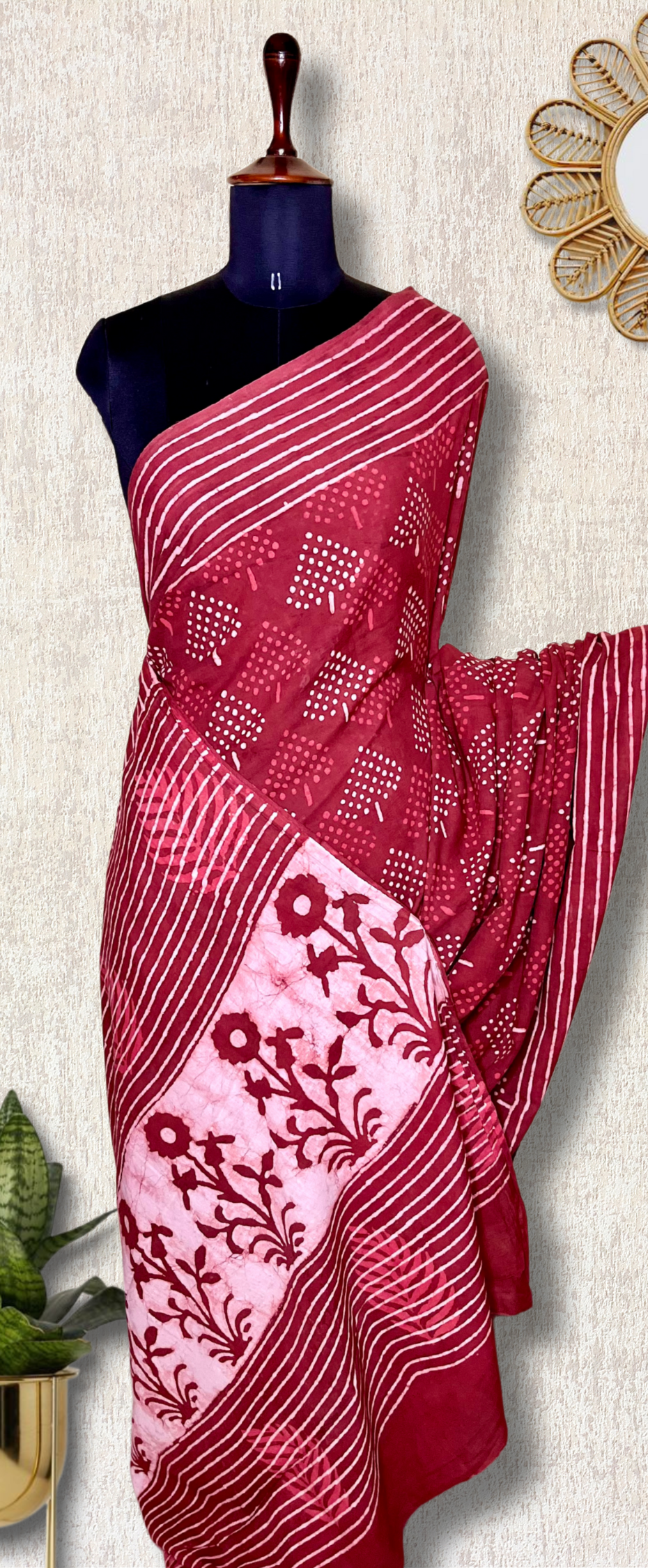 Handblock Printed Cotton Saree -  Amaranth Red  + Swiss Cream