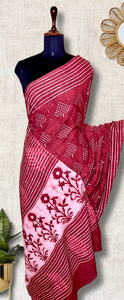 Handblock Printed Cotton Saree -  Amaranth Red  + Swiss Cream