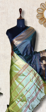 Load image into Gallery viewer, Handwoven Art Silk Saree - Zodiac Blue + Smoke Green
