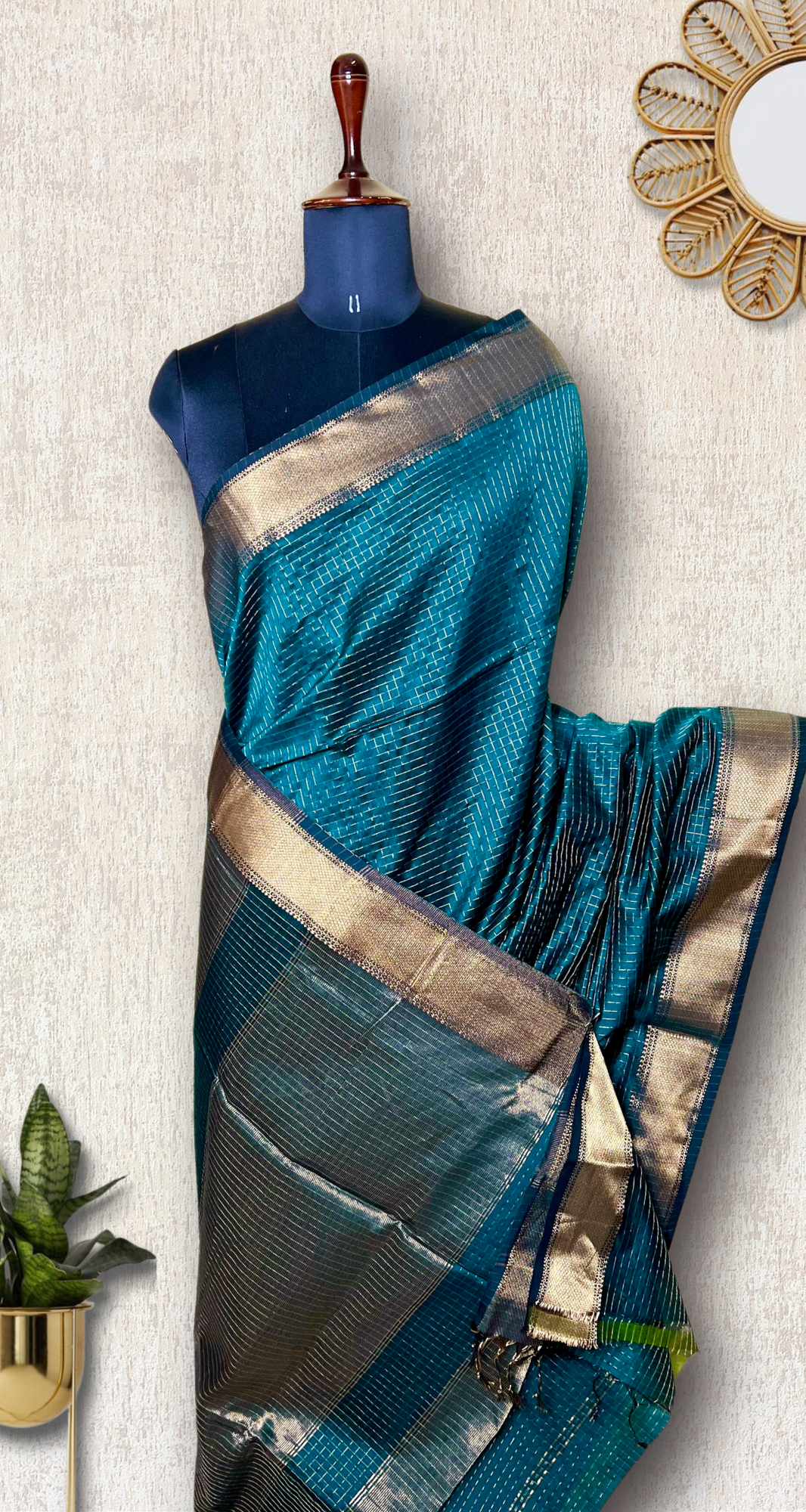 Handwoven Silk Cotton Saree - Deep Sea Green + Gold