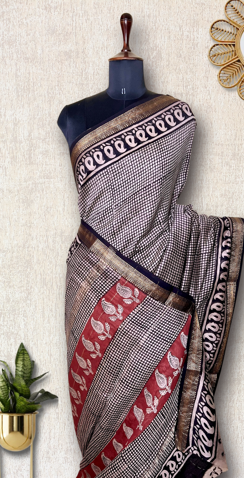 Handblock Printed Silk Cotton Saree - Cloud White + Brick Red