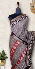 Load image into Gallery viewer, Handblock Printed Silk Cotton Saree - Cloud White + Brick Red
