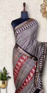 Handblock Printed Silk Cotton Saree - Cloud White + Brick Red