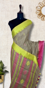 Load image into Gallery viewer, Handwoven Linen Saree - Warm Grey+ Persian Pink
