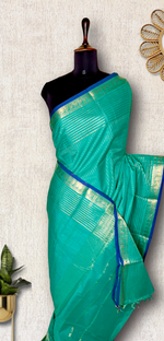 Load image into Gallery viewer, Chettinad Cotton Saree - Carribean Blue + Gold
