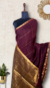 Handwoven Linen Saree - Cocoa Brown + Golden Zari