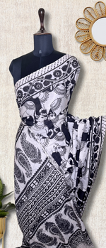 Load image into Gallery viewer, Handcrafted Kalamkari Cotton Saree - Smokey Black + Soft Cream
