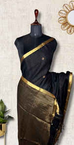 Load image into Gallery viewer, Handwoven Linen Saree - Charcoal Black + Flame Gold
