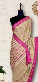 Load image into Gallery viewer, Handwoven Begampuri Cotton Saree - Cashmere Beige + Brilliant Rose
