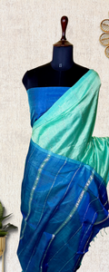 Handwoven Mangalgiri Silk Cotton Saree - Aqua Green + Havelock Blue