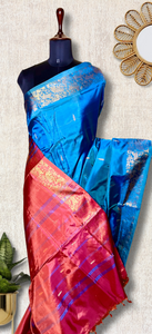 Handwoven Art Silk Saree -  Curious Blue + Persian Red