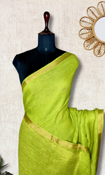 Load image into Gallery viewer, Handwoven Linen Saree - Mist Green + Flame Gold
