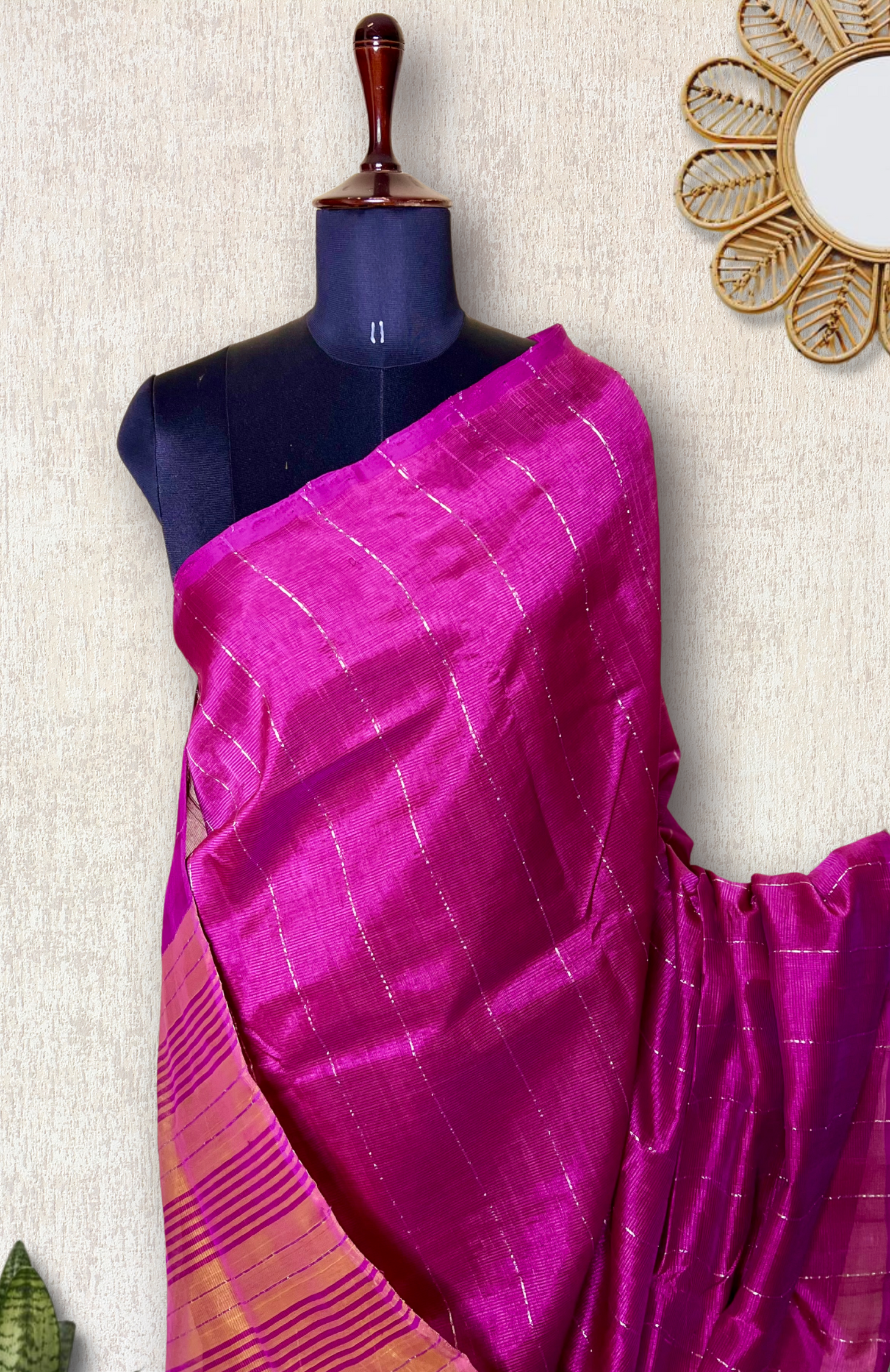 Handwoven Silk Cotton Saree - Cerise Red Violet + Sunshade Orange