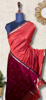 Load image into Gallery viewer, Handwoven Maheshwari Silk Cotton Saree -  Mexican Orange + Flush Maroon
