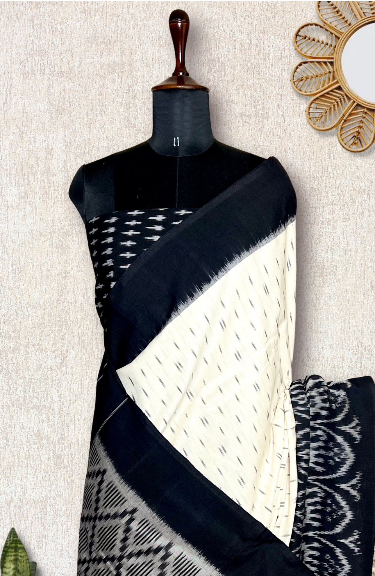 Handwoven Pochampally Cotton Saree - Cream + Black