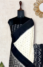 Load image into Gallery viewer, Handwoven Pochampally Cotton Saree - Cream + Black
