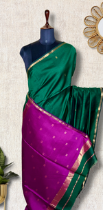 Load image into Gallery viewer, Handwoven Maheshwari Silk Cotton Saree - Bottle Green + Mulberry Pink
