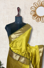 Load image into Gallery viewer, Handwoven Maheshwari Silk Cotton Saree - Marigold Yellow + Swamp Green
