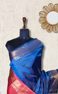 Handwoven Art Silk Saree -  Fun Blue +Thunderbird Red