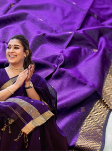 Handwoven Maheshwari Silk Cotton Saree - Eggplant Violet + Gold