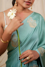 Load image into Gallery viewer, Yuri - Banarasi Satin Silk Saree - Glacier Blue + Silver Gotta

