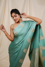Load image into Gallery viewer, Yuri - Banarasi Satin Silk Saree - Glacier Blue + Silver Gotta
