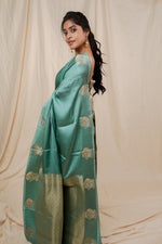 Load image into Gallery viewer, Yuri - Banarasi Satin Silk Saree - Glacier Blue + Silver Gotta
