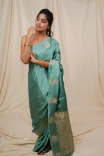 Load image into Gallery viewer, Yuri - Banarasi Satin Silk Saree - Glacier Blue + Silver Gotta
