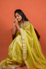 Load image into Gallery viewer, Alya - Tissue Silk Saree - Key Lime + Silver Gotta
