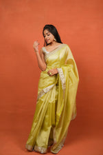 Load image into Gallery viewer, Alya - Tissue Silk Saree - Key Lime + Silver Gotta
