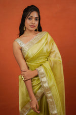 Load image into Gallery viewer, Alya - Tissue Silk Saree - Key Lime + Silver Gotta
