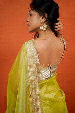 Load image into Gallery viewer, Alya - Tissue Silk Saree - Key Lime + Silver Gotta
