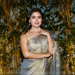 Load image into Gallery viewer, Handwoven Metallic Linen Tissue Saree - Gray Gold
