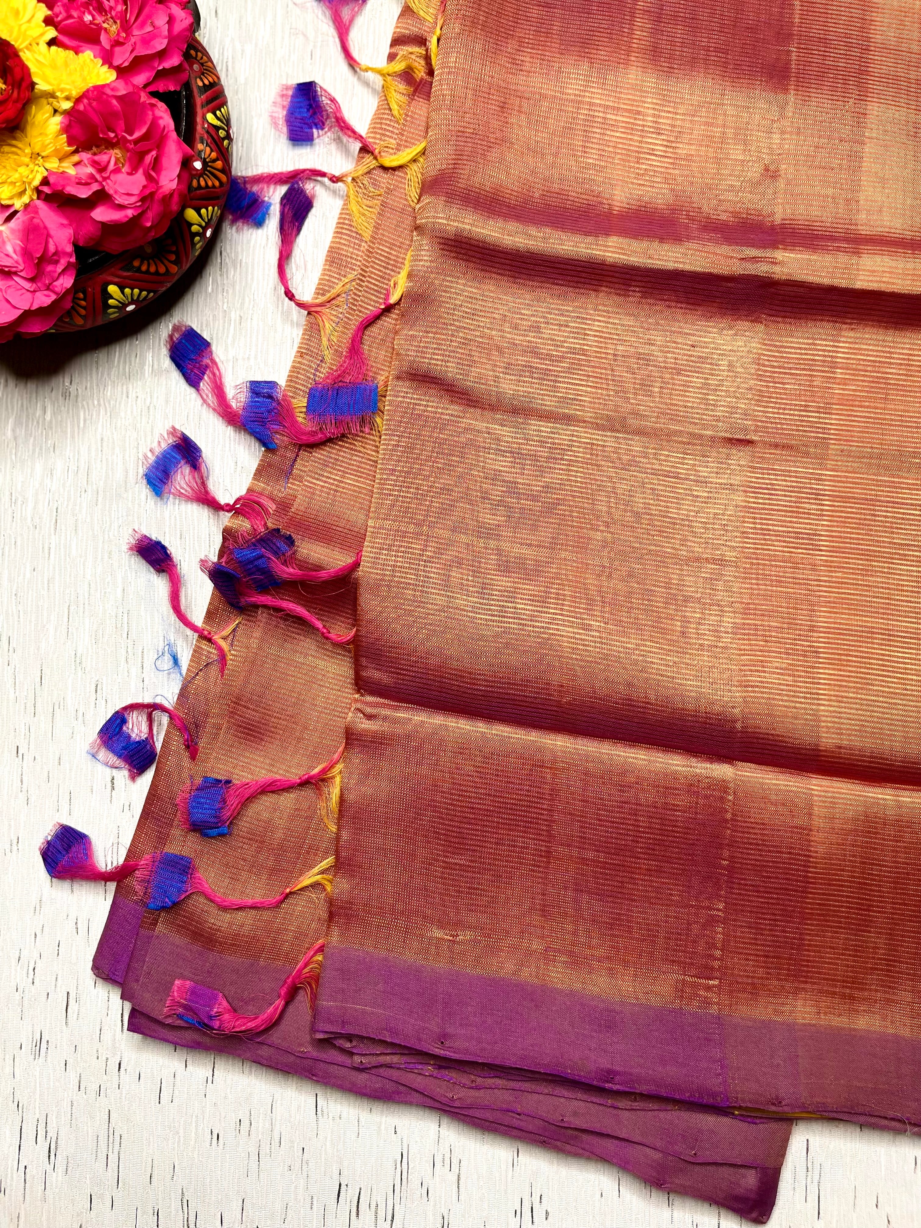 Handwoven Silk Cotton Saree - Apricot Orange + Bay Blue